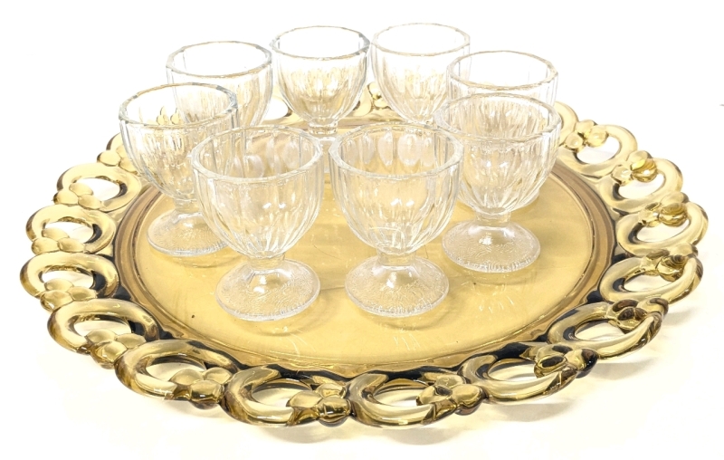 Vintage Unsigned Josef Inwald Czech Dark Amber Glass 12" Round 'Lace' Plate + 8 Signed Dominion Clear Glass Egg Cups