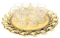 Vintage Unsigned Josef Inwald Czech Dark Amber Glass 12" Round 'Lace' Plate + 8 Signed Dominion Clear Glass Egg Cups