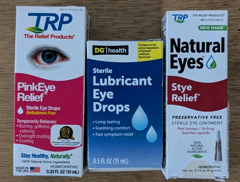 3 New: Eye Drops - TRP PinkEye Relief Sterile Eye Drops 10ml EXP 02/24 - DG Health Sterile Lubricant Eye Drops 15ml EXP 10/2023 - Natural Eyes Style Relief Sterile Eye Ointment EXP 02/2025