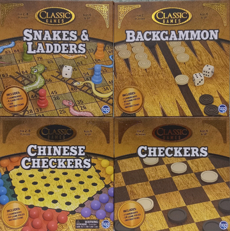4 New | Classic Games: Checkers, Chinese Checkers, Snakes&Ladders & Backgammon