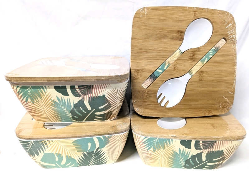 4 New TrueLiving Tropical Melamine Salad Serving Bowl with Bamboo Lid & Built-In Serving Utensils - 10.25" x 10.25" x 4.5" ea