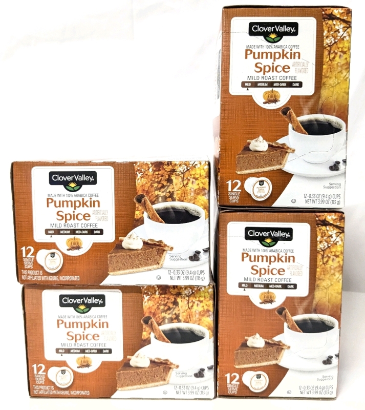 4 New Boxes Clover Valley PUMPKIN SPICE Mild Roast 100% Arabica Coffee - 12 Single Serve 9.4g Cups per Box | BB Nov/2025