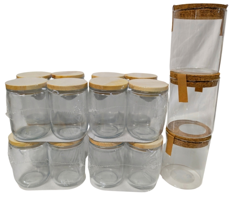 16 New 237ml Glass Jars with Wood Lids & 3 Glass Canisters with Cork Lids - 3.75" - 4.15" Tall