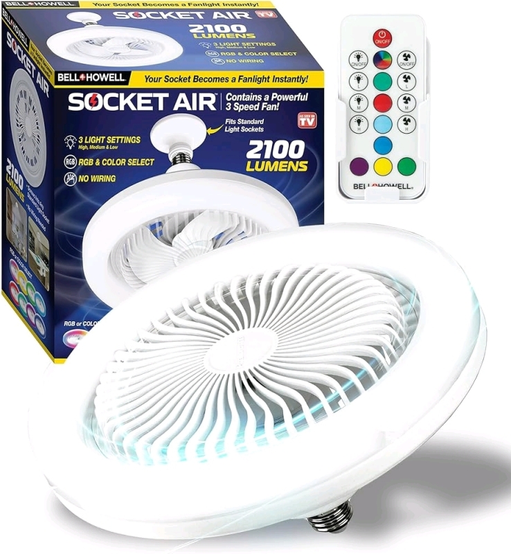 New Bell+Howell Socket Air Socket Fan Light &ndash; Wireless Ceiling Fan with Lights and Remote, 3 Fan Speeds & 3 Brightness Levels As Seen on TV
