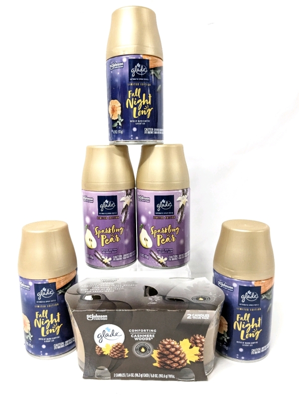 6 New Glade Products : 5 Automatic Spray Refills (Fall Night Long & Sparkling Pear - 175g) & 2-Pack Comforting Cashmere Woods Candles (192g)