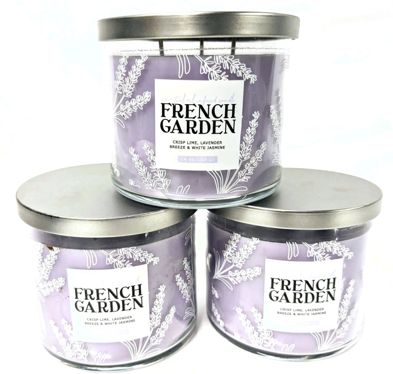 3 New Candles: French Garden [Crisp Lime. Lavender Breeze & White Jasmine] 395g in Glass Vessels with Lids