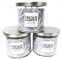 3 New Candles: French Garden [Crisp Lime. Lavender Breeze & White Jasmine] 395g in Glass Vessels with Lids