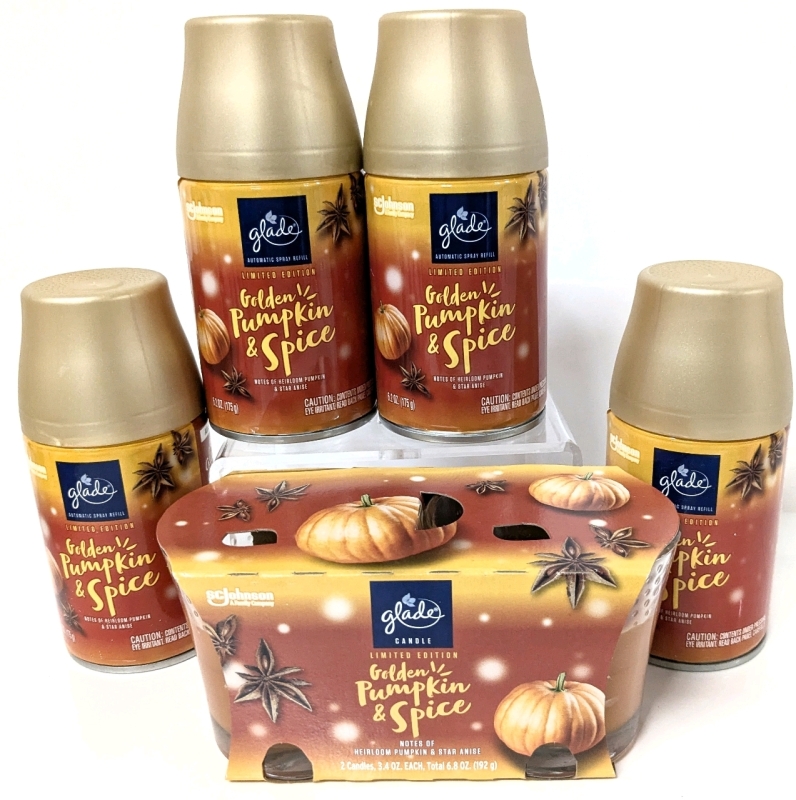 5 New Glade Golden Pumpkin & Spice Products: 4x Automatic Spray Refills (175g ea) + 2-Pack Candles (192g)