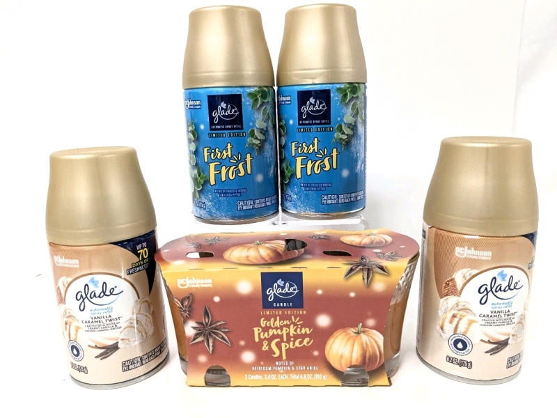 5 New Glade Products : 4x Automatic Spray Refills (Vanilla Caramel Twist & First Frost) &