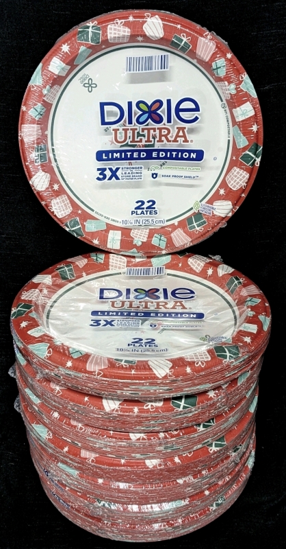 8 New Packs DIXIE Limited Edition Christmas Print Compostable Plates - 22x Plates per Pack 10.06" Diameter ea