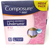 42 New Size Large Women's Composure Maximum Absorbency Disposable Underwear - For 38" - 50" Waists (Light Lavender)