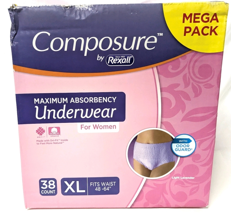 32 New Size XL Women's Composure Maximum Absorbency Disposable Underwear - For 48" - 64" Waists (Light Lavender)