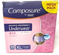 32 New Size XL Women's Composure Maximum Absorbency Disposable Underwear - For 48" - 64" Waists (Light Lavender)