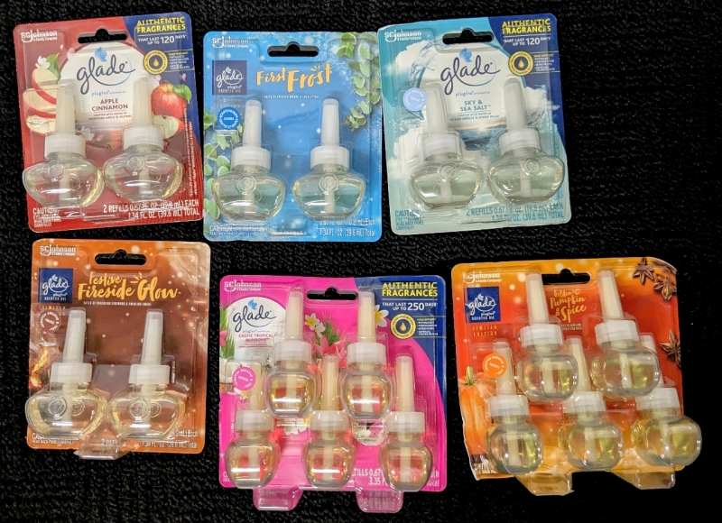 18 New Glade Plugins Scented Oil Refills : Pumpkin Spice, Apple Cinnamon, Fireside Glow, First Frost, Sky & Sea Salt, Tropical Blossoms - 19.8ml ea
