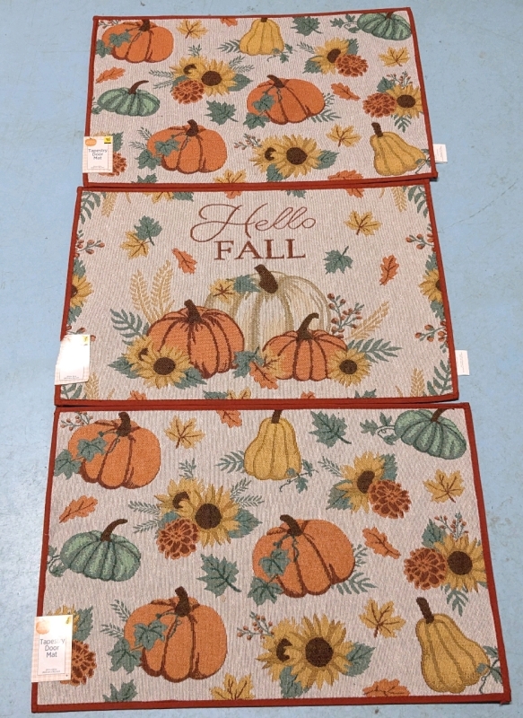 3 New Fall-Themed Tapestry Door Mats with Squishy, Foam-Like Backing - 20" x 30" ea