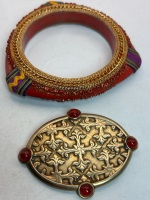 Old Hand Cloth Worked Bangle Lovely Orange Bezel Stone Brooch