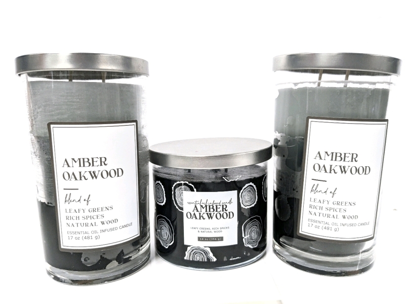 3 New Candles: Amber Oakwood [Leafy Greens. Rich Spices & Natural Wood] 395g-481g in Glass Vessels with Lids