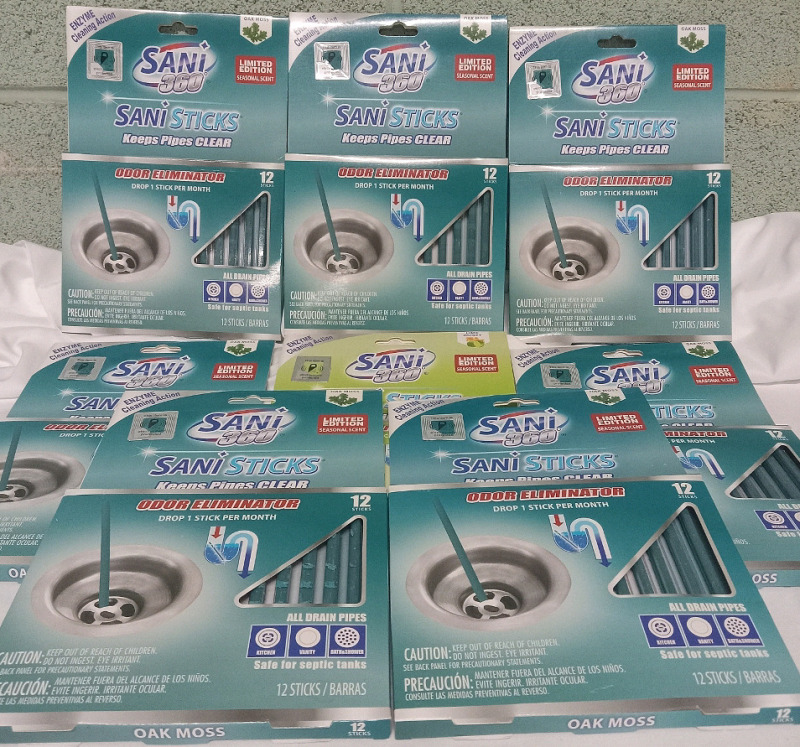 8 new Packs of 12 | Sani360: Sanisticks oak moss & Lime Honey | Keeps Drains Clear