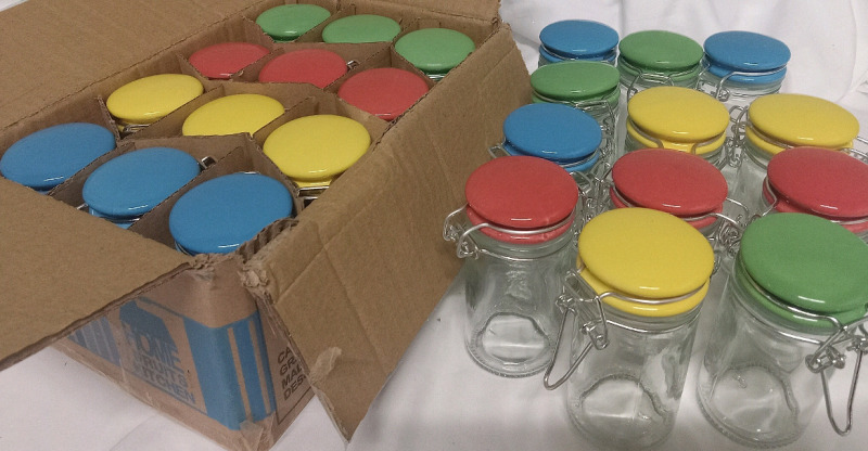 24 New | 65mL Glass Canisters w/ Colourful Lids | Food Safe not Microwave Safe