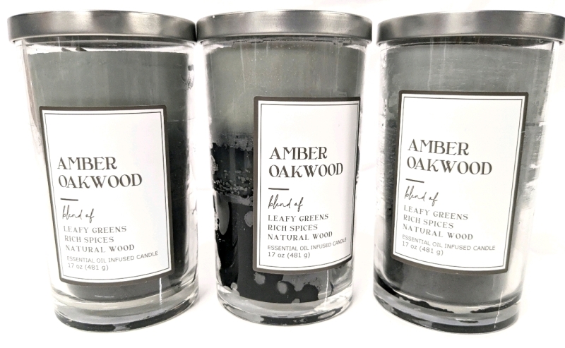 3 New Candles: Amber Oakwood [Leafy Greens. Rich Spices & Natural Wood] 481g in Glass Vessels with Lids