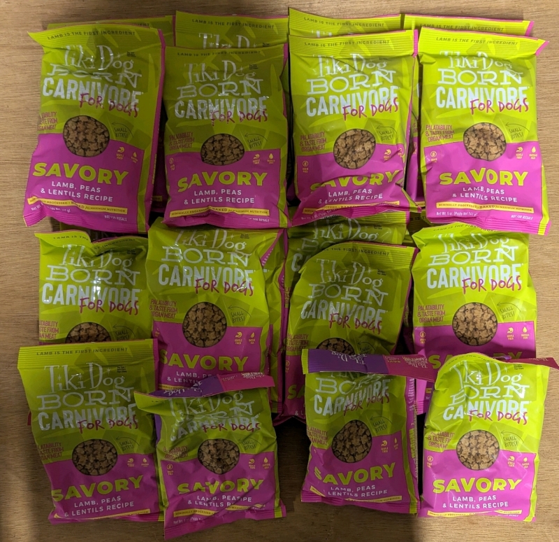 20 New: TikiDog Born Carnivore Dog Food Lamb, Peas, & Lentils - Each Bag Weighs 141g - BB 02/10/2025