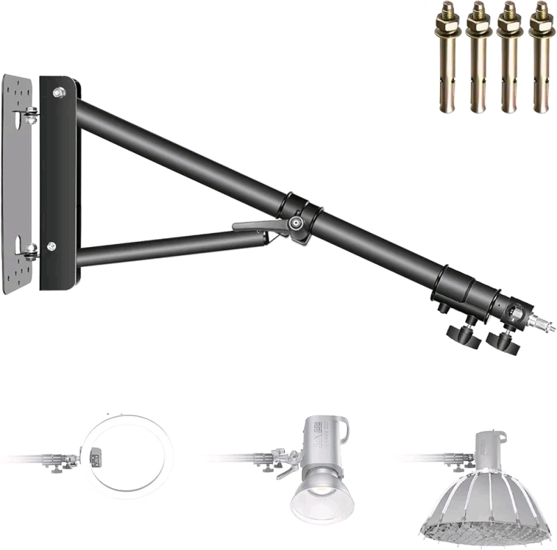 New - Neewer Wall Mounting Triangle Boom Arm for Ring Light, Monolight, Softbox, Reflector, Umbrella, and Photography Strobe Light, Support 180 Degree Rotation, Max Length 4.3 feet (Black)