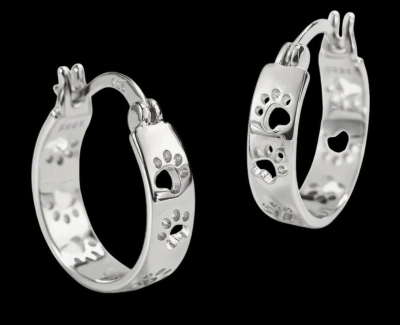 925 Sterling Silver Cat Paw Hoop Earrings Elegant & Simple Design Approximately .75 Inch Drop Stamped