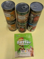 7 New: Canned Dog Food and Treats - Each Can Weighs 368g - 2 Cans BB 11/2024 - Other 4 Cans BB 2026 - Dog Treat Bag 113g - BB 2023