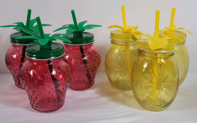 6 New TrueLiving Strawberry & Lemon 17oz. Drink Glasses w/Lids & Straws