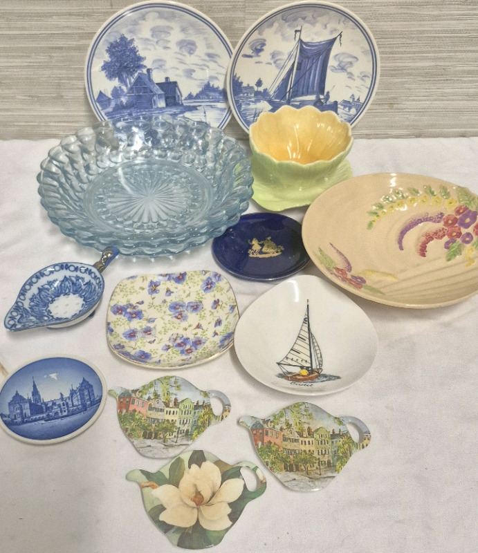 Vintage Itchen Dish Lot - Poole, Royal Winton, Denmark, Blue Depression Glass Bowls +