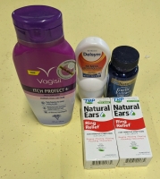 5 New: Medical Lot - 2x Natural Ears Ring Relief 10ml EXP 06/26 - Garlic Extract 1000mg 60 Softgels EXP 04/2026 - No Mess Vapor Roll On EXP 11/2025 - Vagisil Itch Protect+ 240ml