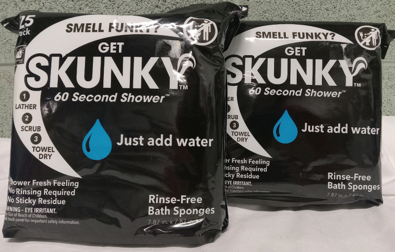 2 New Packs of 25 | Get Skunky Rinse Free Bath Sponges Just Add Water