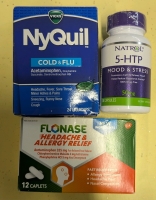 3 New: Medical Lot - NyQuil Cold and Flu 24 Liquicaps EXP 2026 - Flonase Headache and Allergy Relief 12 Caplets EXP 07/2025 - Natrol 5-HTP Mood and Stress 30 Capsules EXP 2026