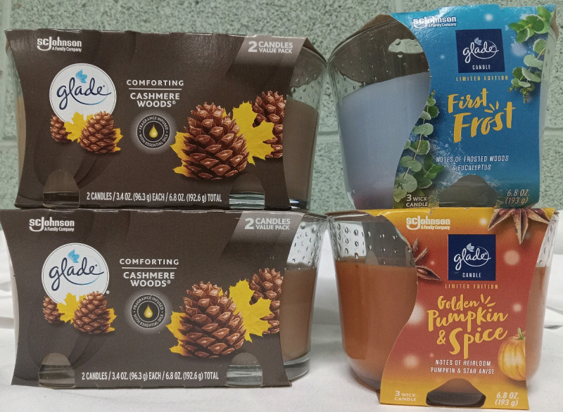 6 New Glade Candles | (2) 193g 3 Wick Candles in Golden Pumkin Spice & Forst Frost and (4) 96.3g Cashmere Woods Candles
