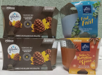 6 New Glade Candles | (2) 193g 3 Wick Candles in Golden Pumkin Spice & Forst Frost and (4) 96.3g Cashmere Woods Candles