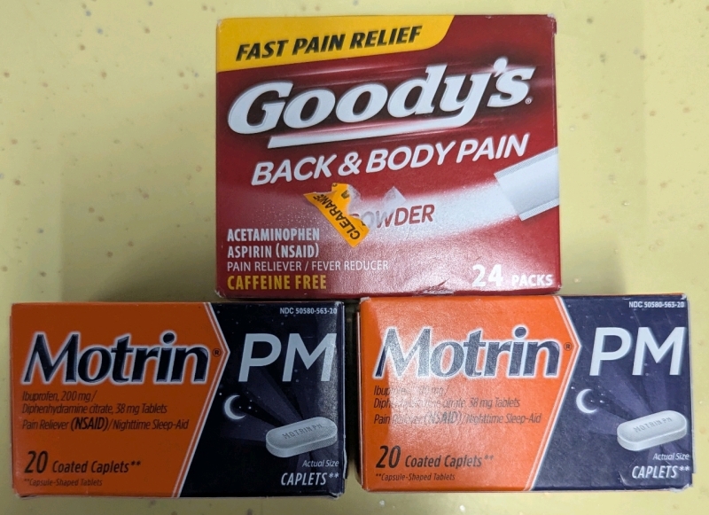 3 New: Painkillers - 2x Motrin PM 200mg Ibuprofen Tables 20 Tablets EXP 05/2025 - Goody's Back and Body Pain Aspirin 24 Packs EXP 09/2026