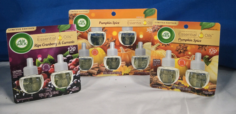 3 New | Airwick Essential Oil Packs Pumkin Spice 40mL & 100mL & Ripe Cranberry & Currants Scented 40mL