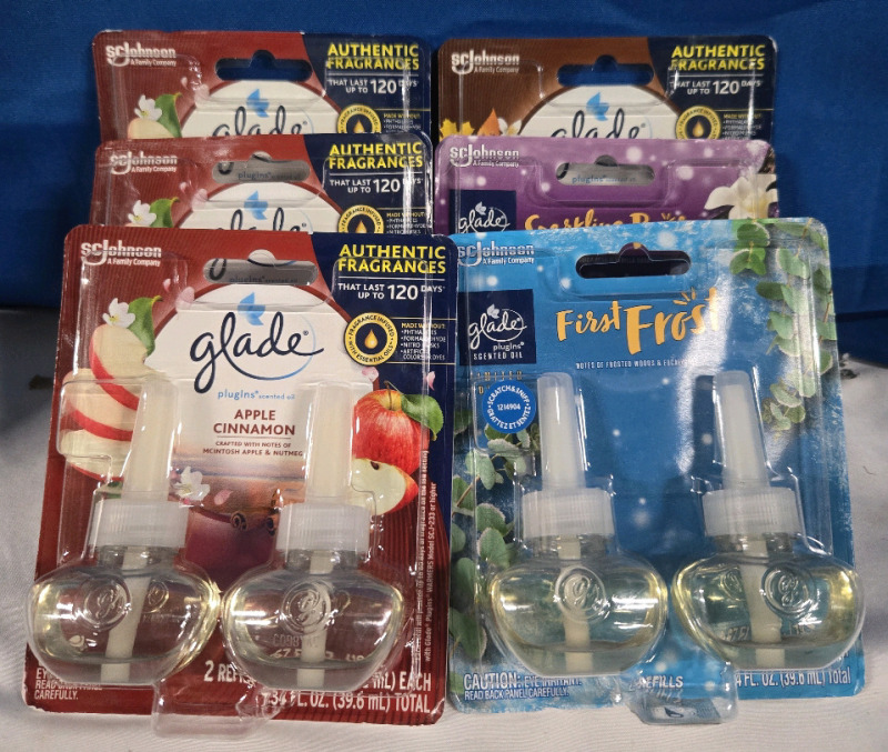 12 New | Glade Pluggin Essential Oils 19.8mL Each | Apple Cinnamon, Cashmere Woods, Sparking Pear, First Frost