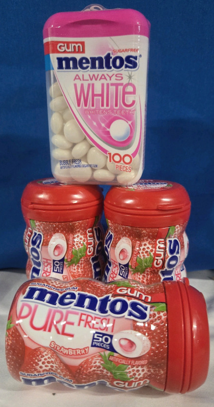 4 New | Mentos Sugar Free Gum | ( 3 ) 50pcs Strawberry Flavoured Gum Exp 11/26 ( 1 ) 100pcs Mentos Always White Gum Exp 10/ 24