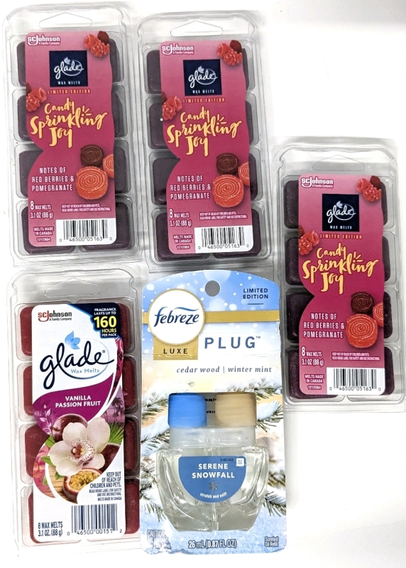 4 New Glade Wax Melts (Candy Sprinkling Joy, Vanilla Passion Fruit - 8 Melts, 88g ea) + Febreeze Luxe Scented Oil Refill: Serene Snow Fall (26ml)