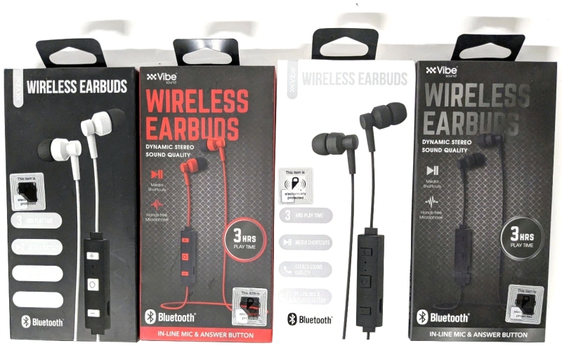 4 New VIBE Sound Wireless Bluetooth Earbuds with In-Line Mic & Answer Buttons