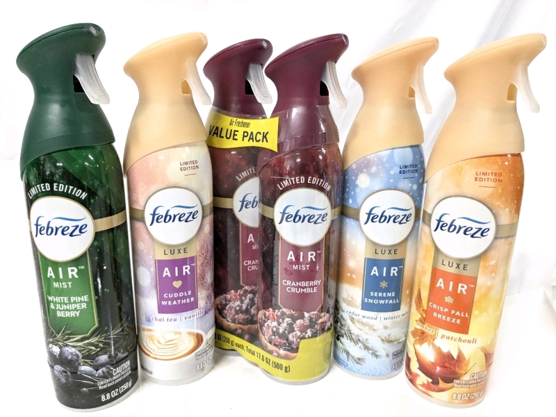 6 New FEBREEZE Air Mist Air Freshener Sprays : White Pine Juniper Berry, Chai Tea Vanilla, Cranberry Crumble, Serene Snowfall, Crisp Fall Breeze - 250g ea