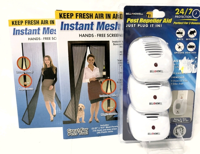 2 New Instant Mesh Guard Magnetic Hands-Free Screen Doors - Each Mesh Panel 83" x 29.5" & Bell + Howell Plug-In Sonic Pest Repellent Aid 3-Pack