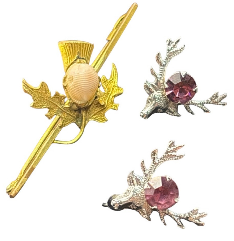 Scottish Thistle Bar Brooch Ward Bros Mitzpah Amethyst Highland Stag Earrings
