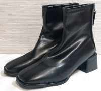 Fashion Women Artificial Leather Solid Color Autumn Thick Sole Square Heels Zipper Short Booties Square Toe Womens Shoes, Size 6.5
