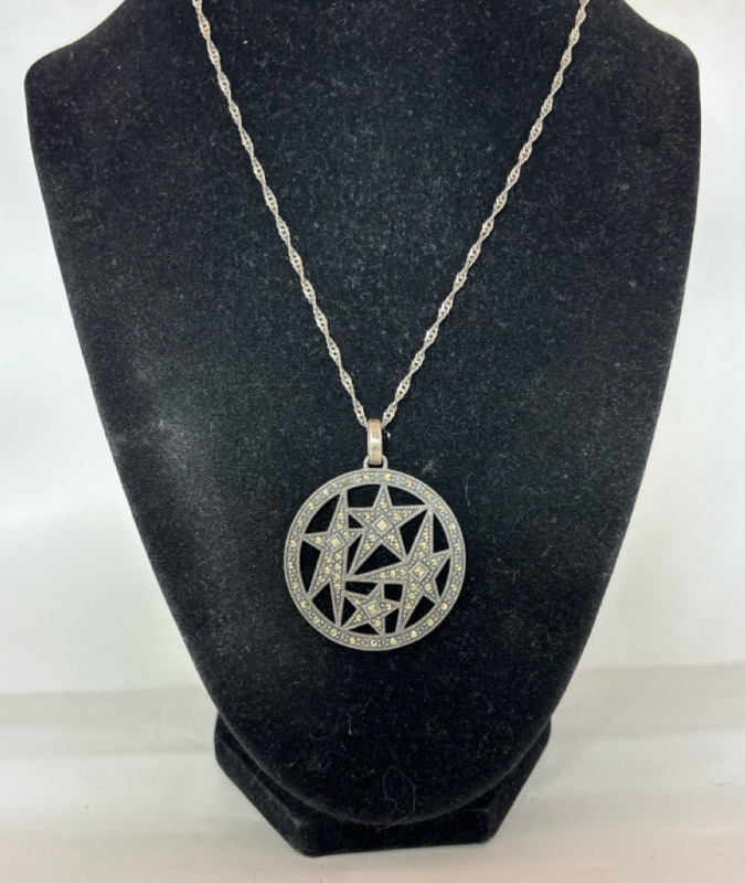 Marcacite Sterling 4 Stars Necklace 925 Italy 16 Inch Chain