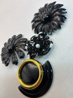 3 Fantastic Retro Black Enamel Brooches One black With White
