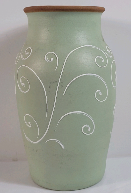 Denby Stoneware Vase . Measures 12" Tall . No chips or cracks . Black wear marks on outside. Made in England