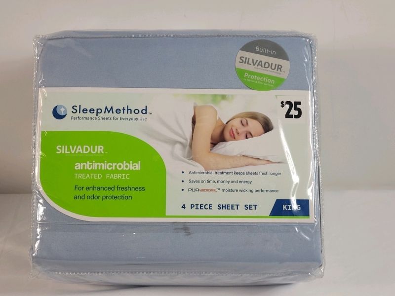New - SleepMethod Silvadur 4pc. King Size Sheet Set , Light Blue
