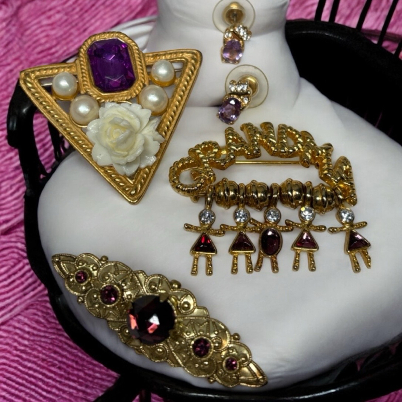 3 Vintage Brooches Purple Stones Rhinestones Stud Earrings